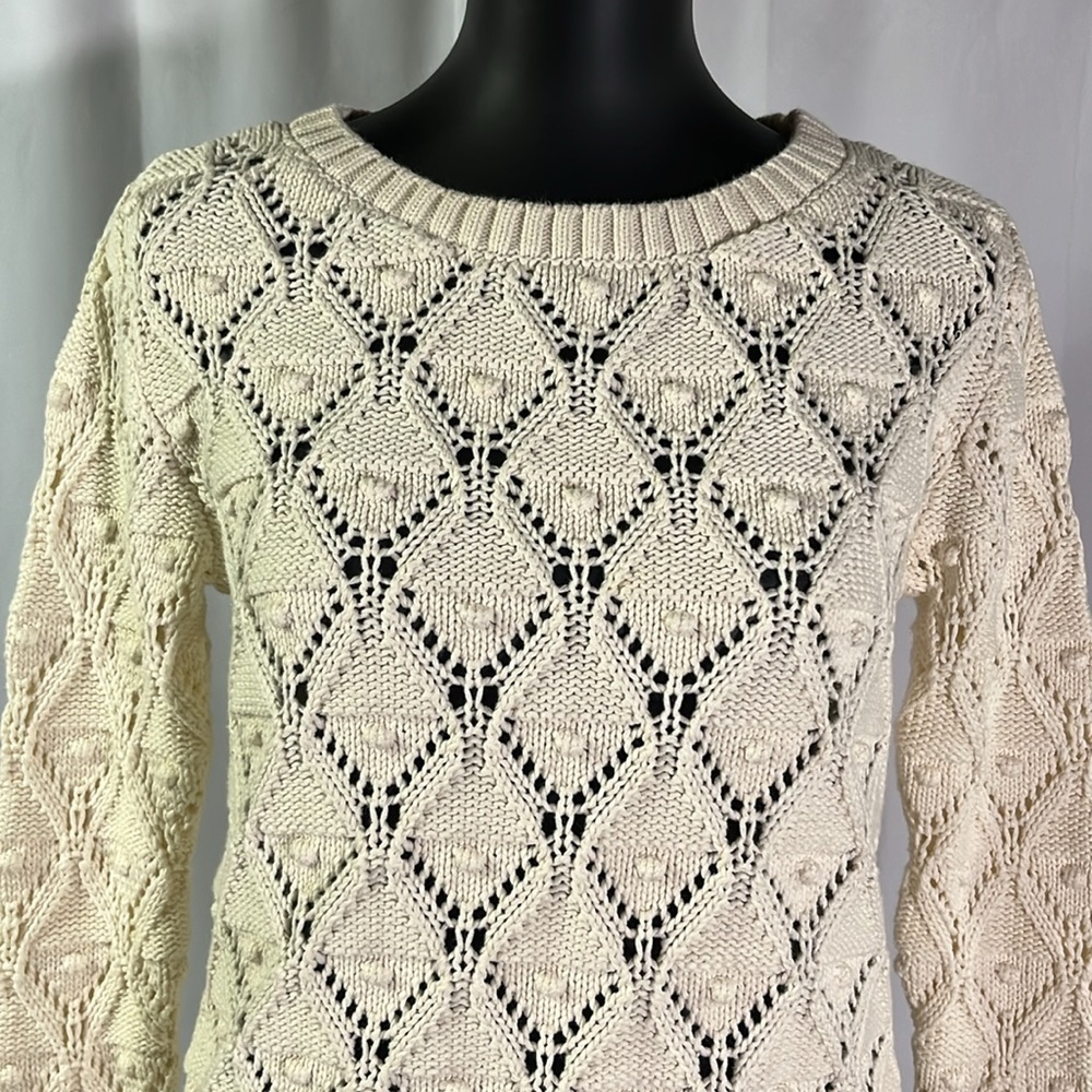 Tommy Hilfiger Cream Chunky Loose Pom Pom Knit Long Sleeve Cotton Sweater - Picture 4 of 16
